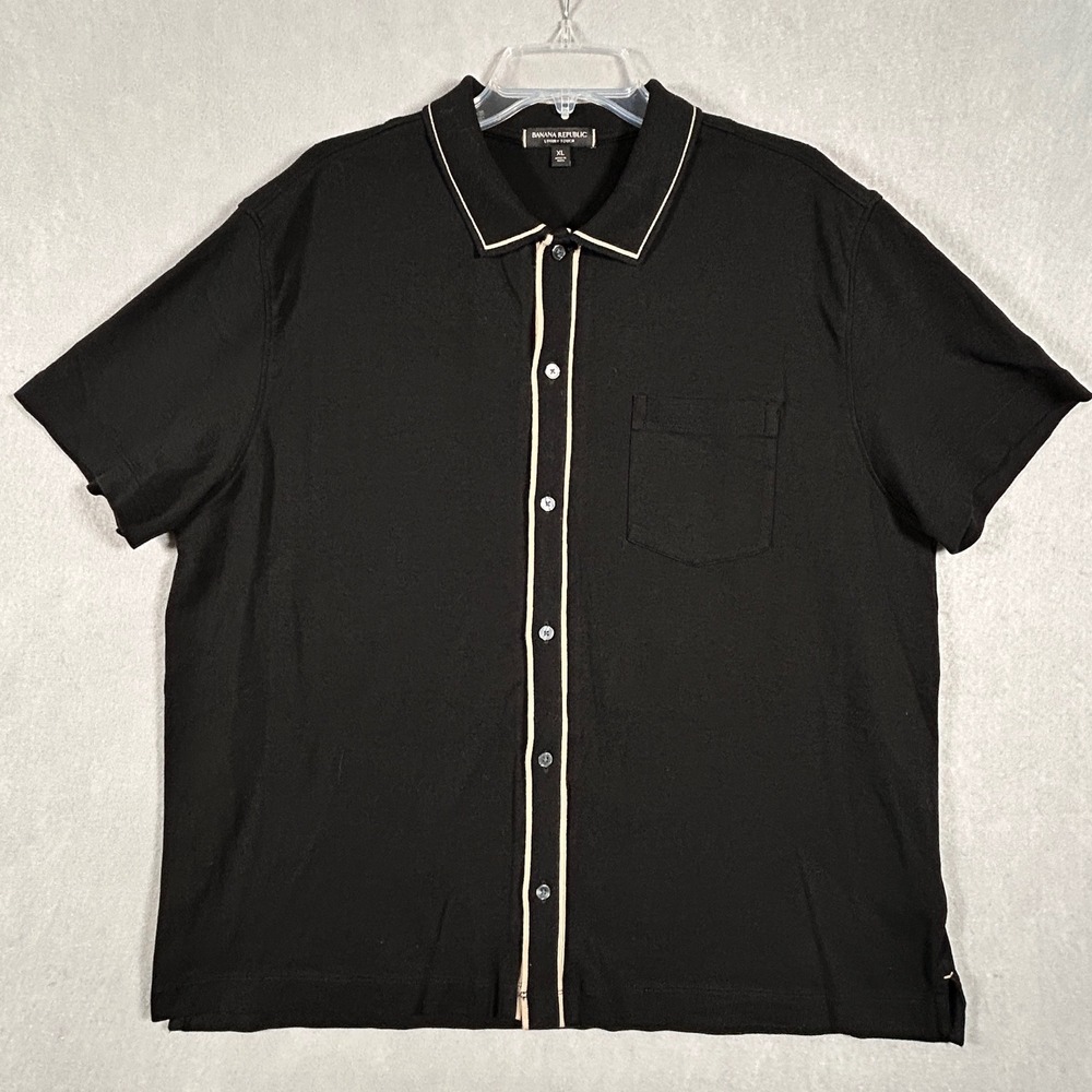 Banana Republic Polo Shirt Mens XL Black Solid Luxury Touch Button Front Piping